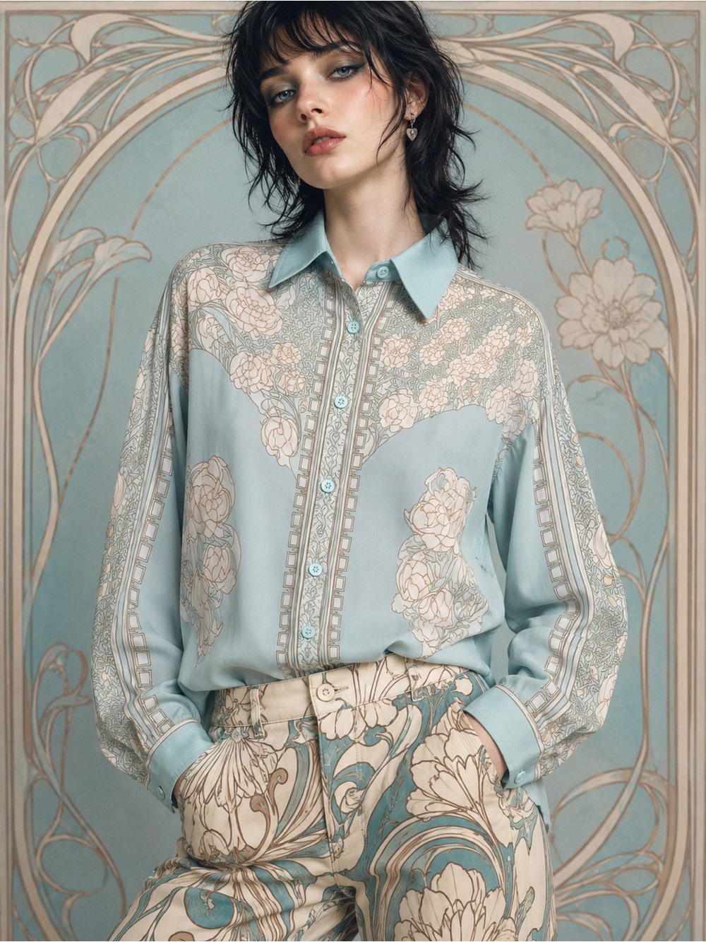 Art Nouveau Floral Western Shirt Blouse Boho Vintage Style Cottagecore Blue L